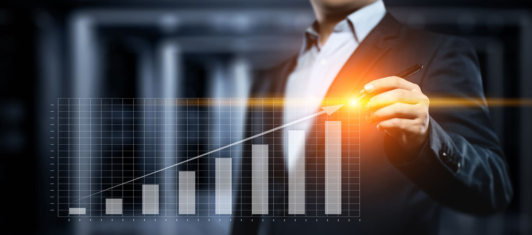 man with increasing bar graph hologramn