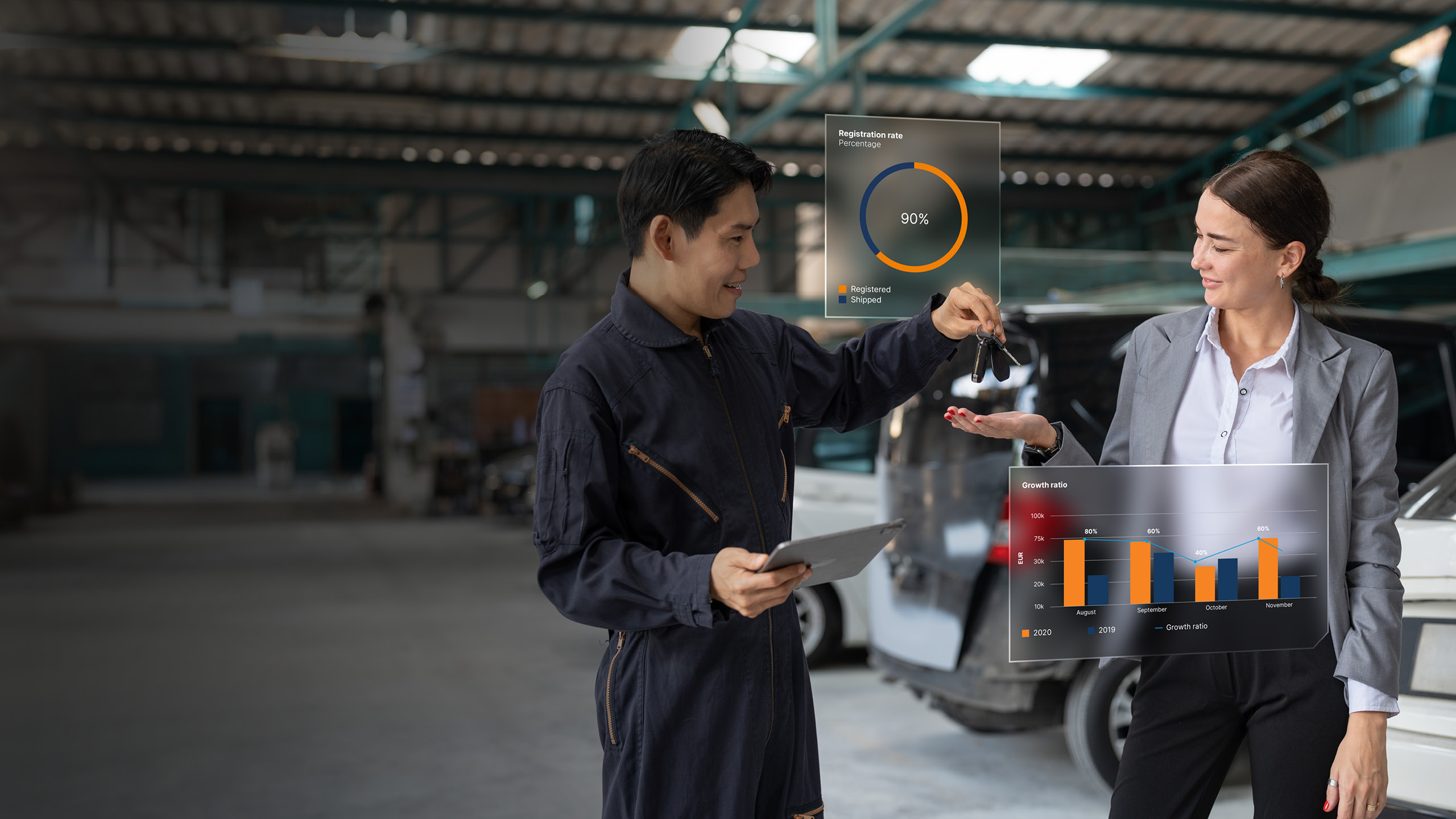 Technician handing customer keys to his car