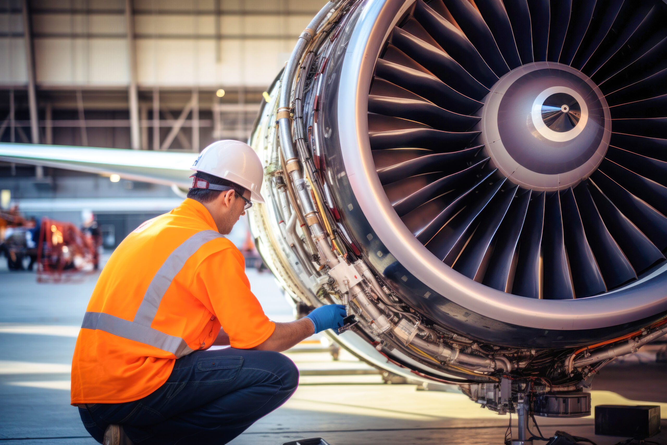 an aircraft technician is repairing a turbine, an engineer is wearing an orange signal vest