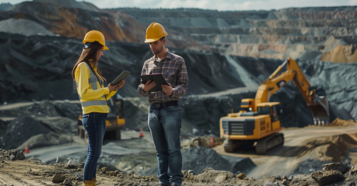 construction workers using tablets at quarry site with heavy machinery in background