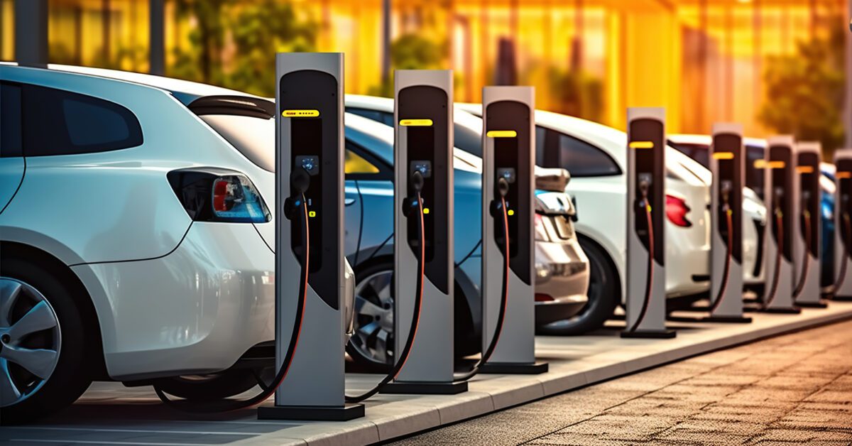 Electric cars charging in The Electrifying Lineup at the Public Charging Hub. Generative AI