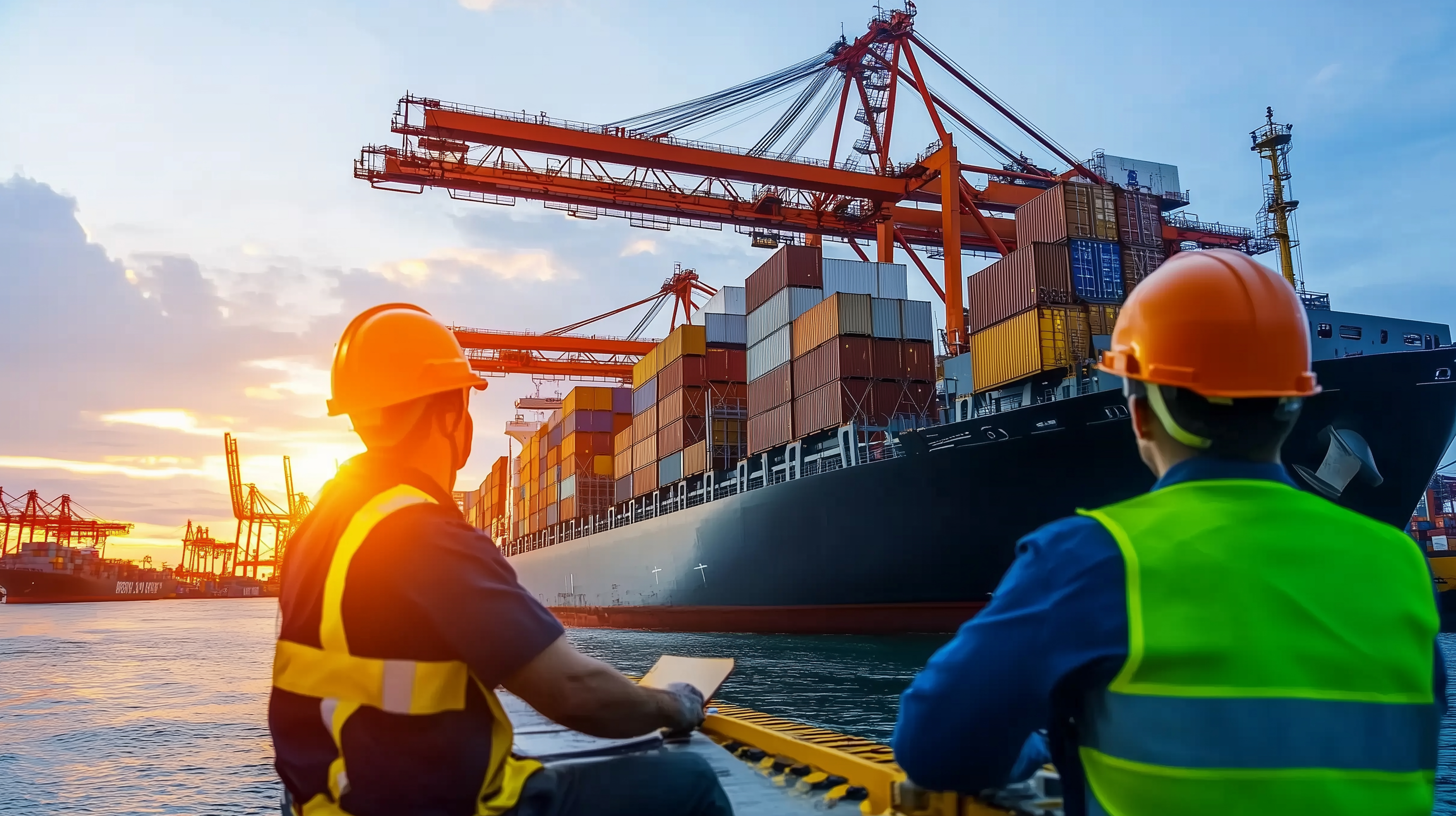 A bustling cargo port with massive cranes loading shipping containers onto a vessel, while workers in helmets and vests oversee the operation.